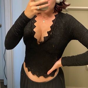 Women's black lace v-neck long sleeve top size small goth whimsygoth edgy sexy